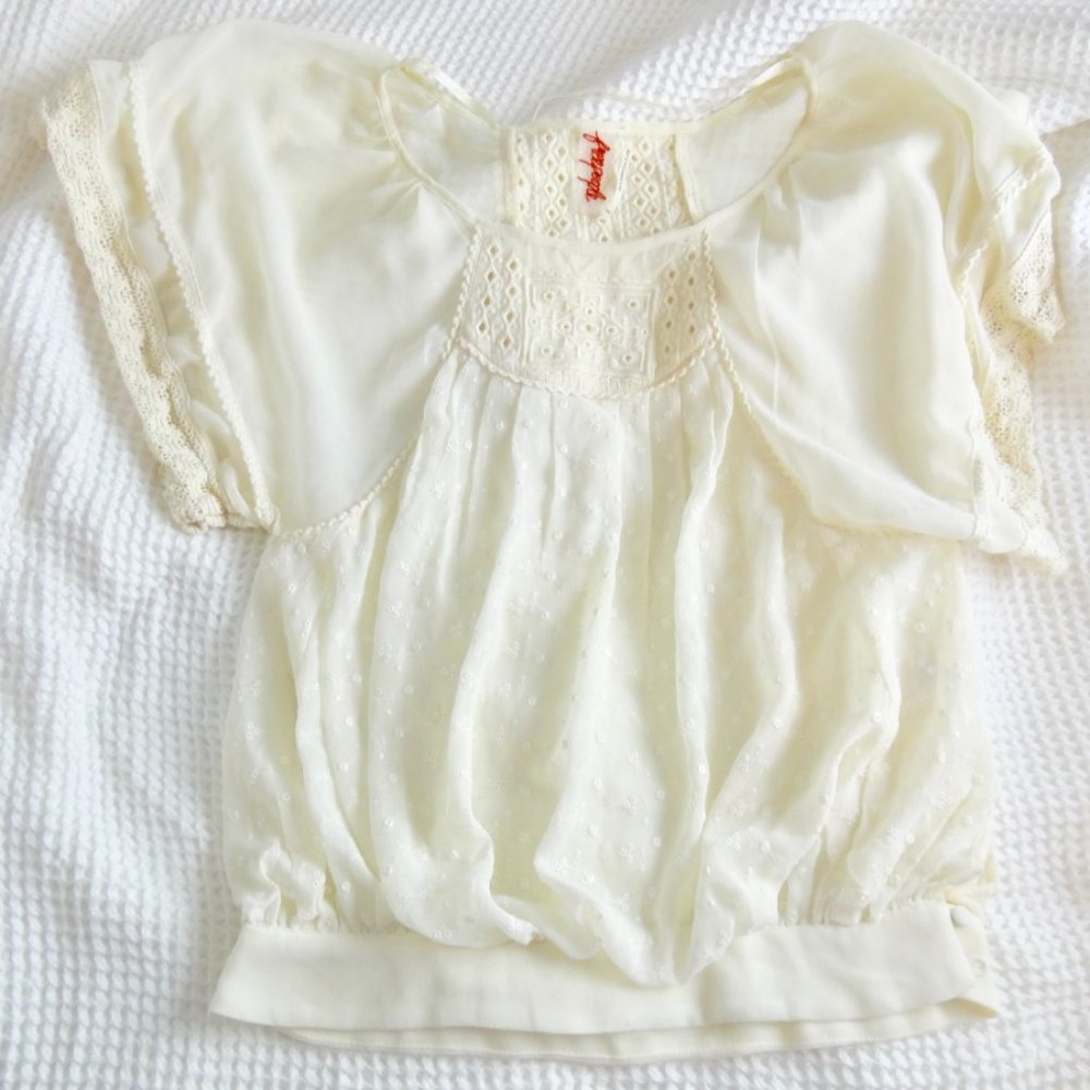 Free People Peasant Hippie Bohemian Cream Sheer Short Sleeved Top Blouse Shirt